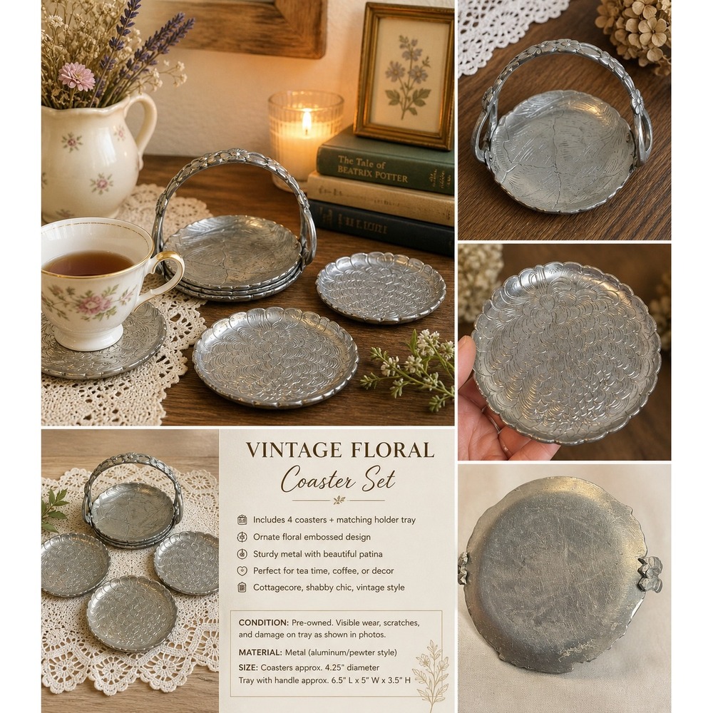 Vintage Floral Metal Coaster Set Holder Tray Embossed Aluminum Shabby Chic